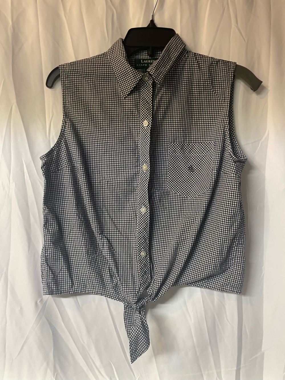 Ralph Lauren Black & White Gingham Sleeveless Button-Down Tie Front Top